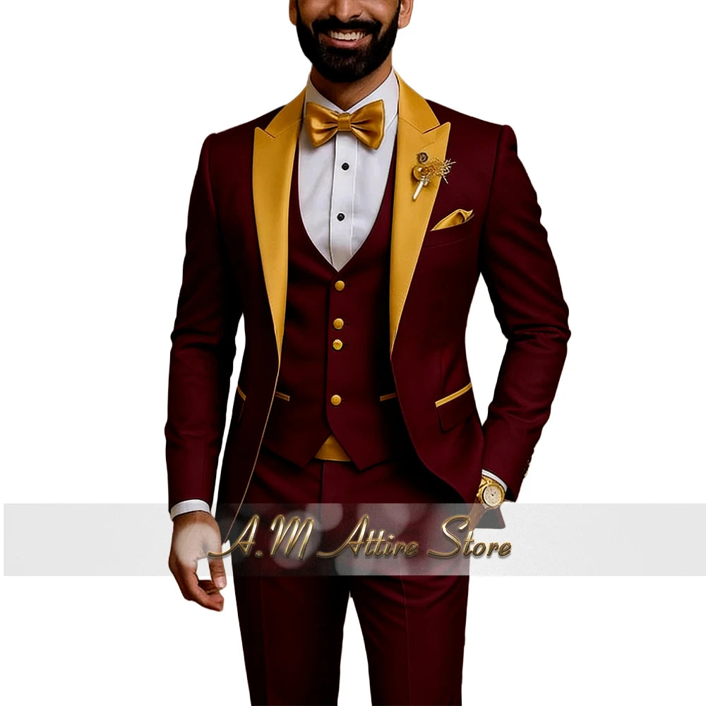 Men's Gold Peak-Lapel Three-Piece Suit Set — product view