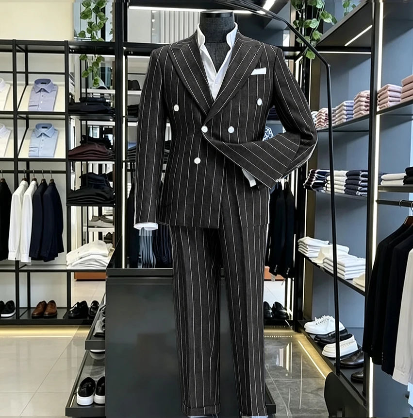 Men's Light Grey Pinstripe 2-Piece Double-Breasted Suit Set — product view