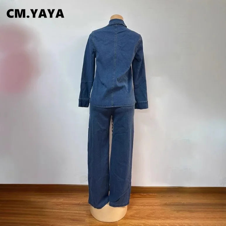 Women's Washed Denim Shirt & Wide-Leg Pants Set