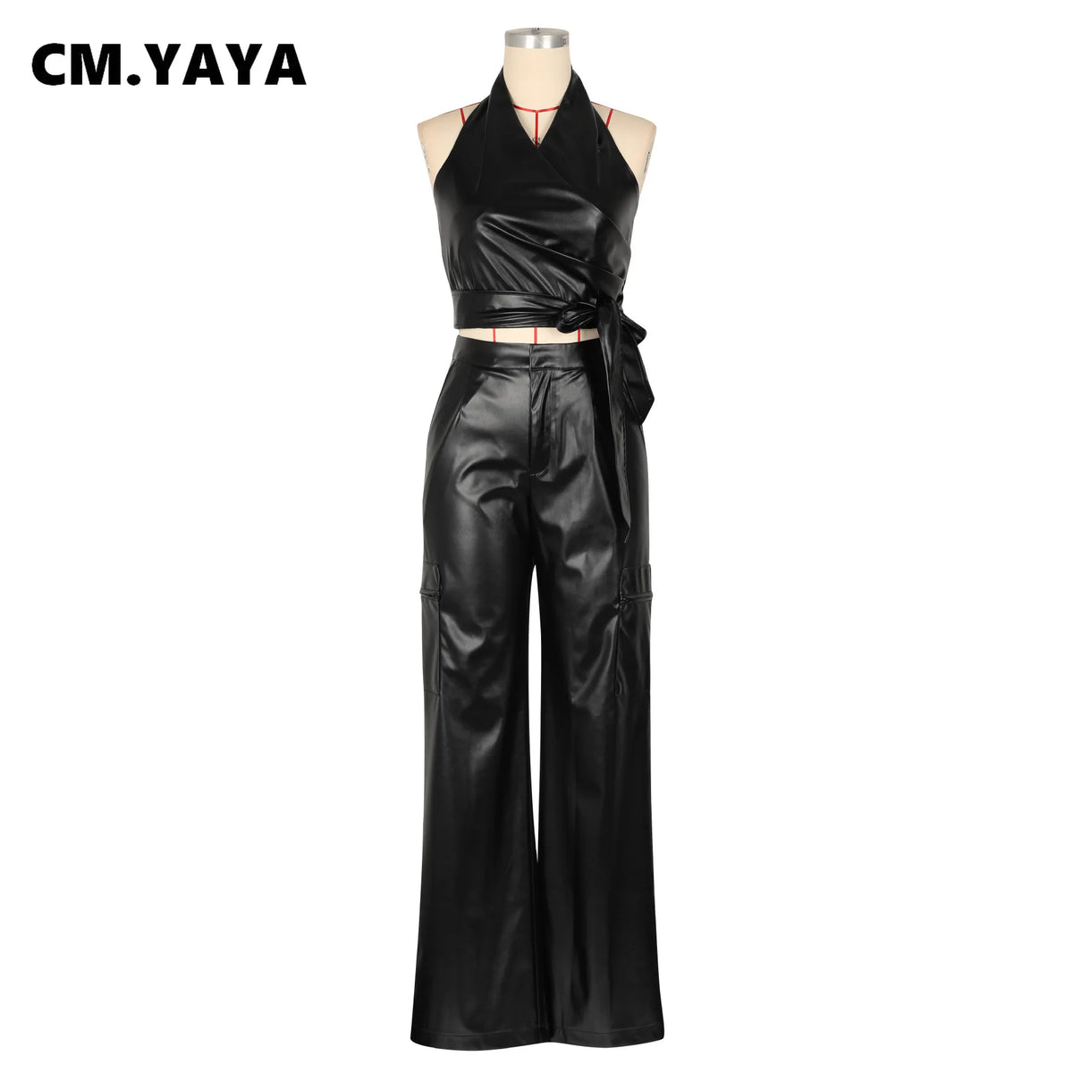 Women's Faux Leather Halter Top & Pants Set