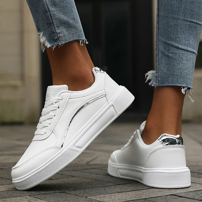 Women's White Sneakers with Silver Trim — product view