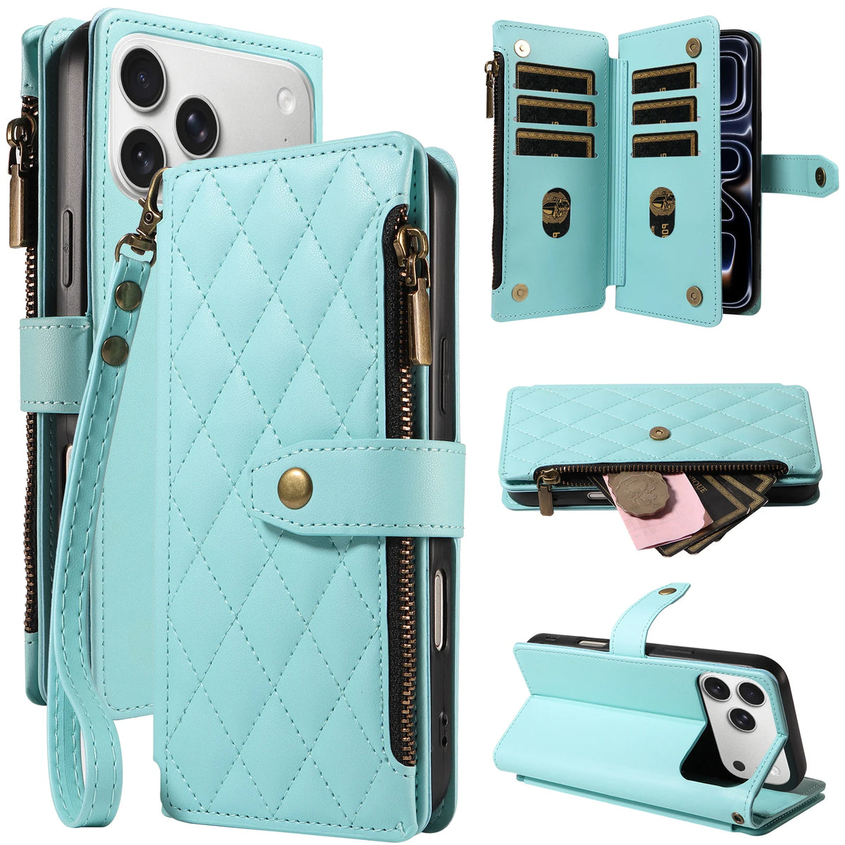 Embroidered Wrist Strap Zipper Wallet Phone Case for iPhone 17e, iPhone 18 Pro, iPhone 18 Pro Max, iPhone 18, iPhone 14 Pro, iPhone 14 Plus, iPhone 14 Pro Max, iPhone 14, iPhone 15 Plus, iPhone 15 Pro Max, iPhone 15 Pro & More Models