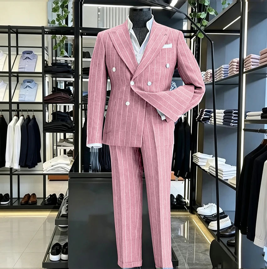 Men's Light Grey Pinstripe 2-Piece Double-Breasted Suit Set — product view