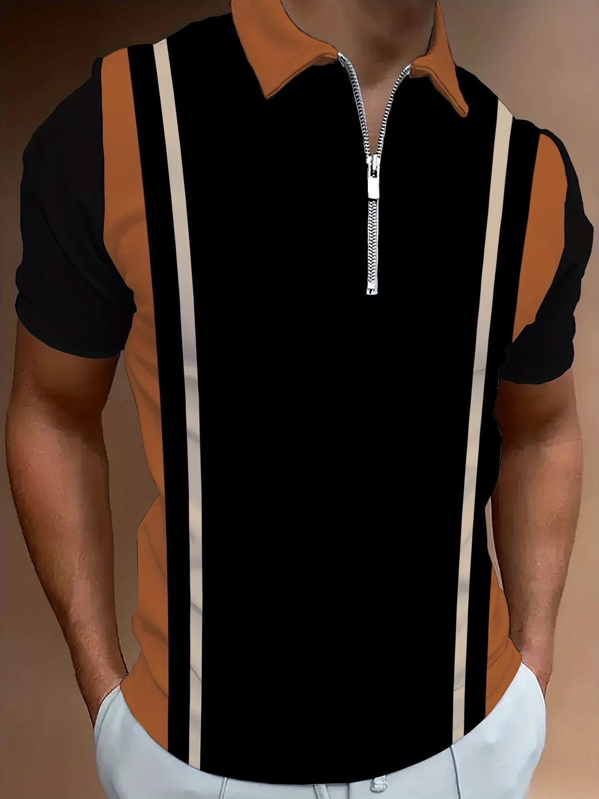 Men's Striped Zip-Neck Polo Shirt