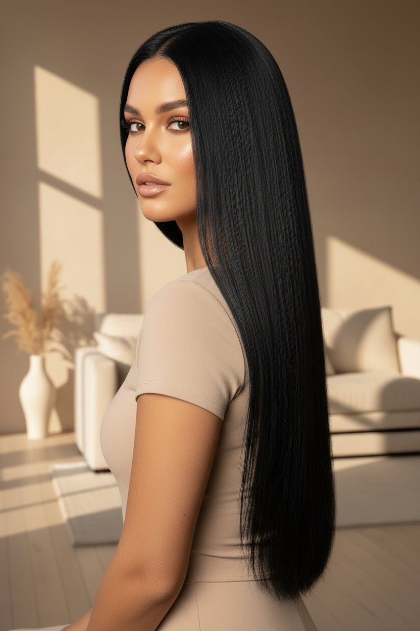 A long, straight wig with medium brown highlights and dark brown roots, displayed on a mannequin stand against a plain light gray wall.