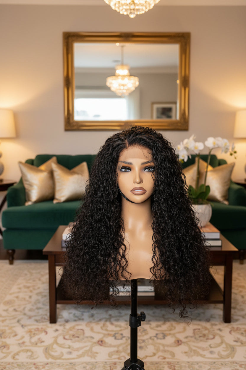 A long, dark curly wig displayed on a mannequin head against a plain gray studio background. The wig has deep, glossy black curls with a natural-looking lace front.