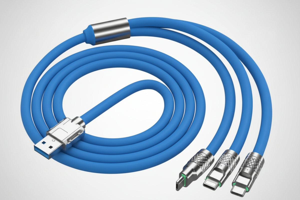 An Blue USB-C charging cable coiled on a white background, featuring a USB-A connector on one end and two USB-C connectors on the other, with silver metal protective caps.
