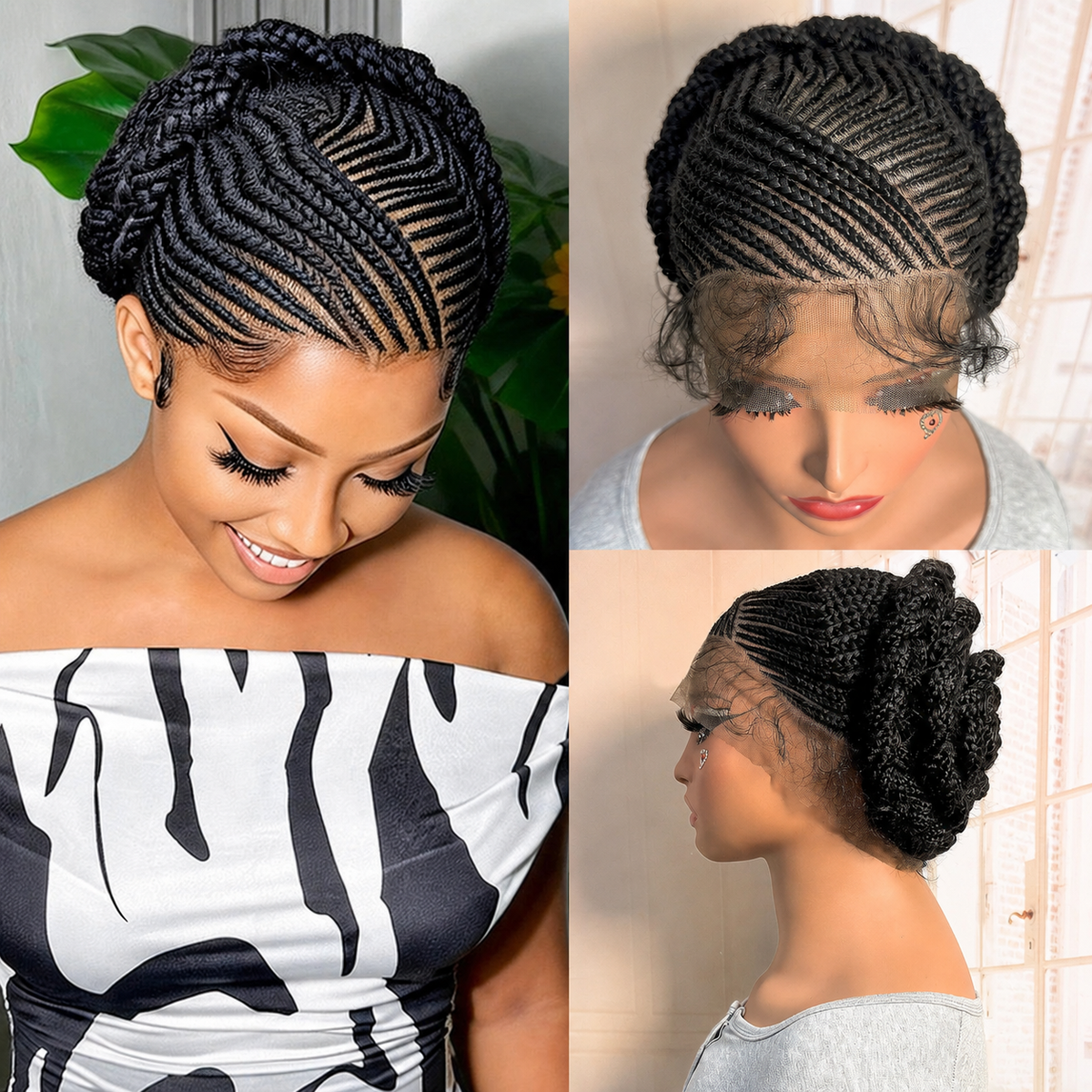 Women's Black Cornrow Braided Synthetic Wig — clean collage