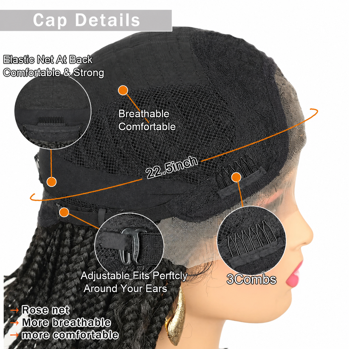 Women's Box Braided Synthetic Wig — clean cap details