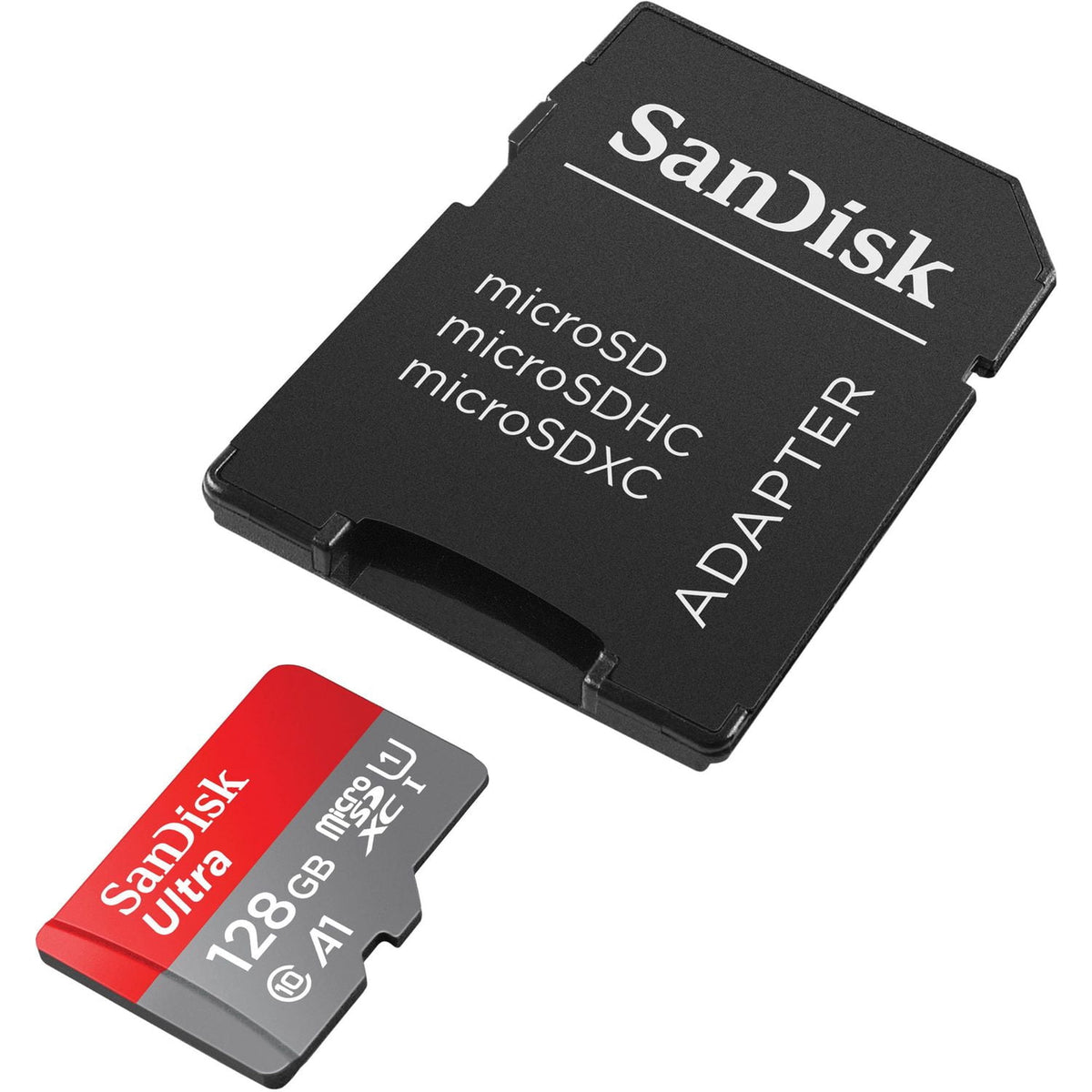SanDisk microSD card with adapter on a white background
