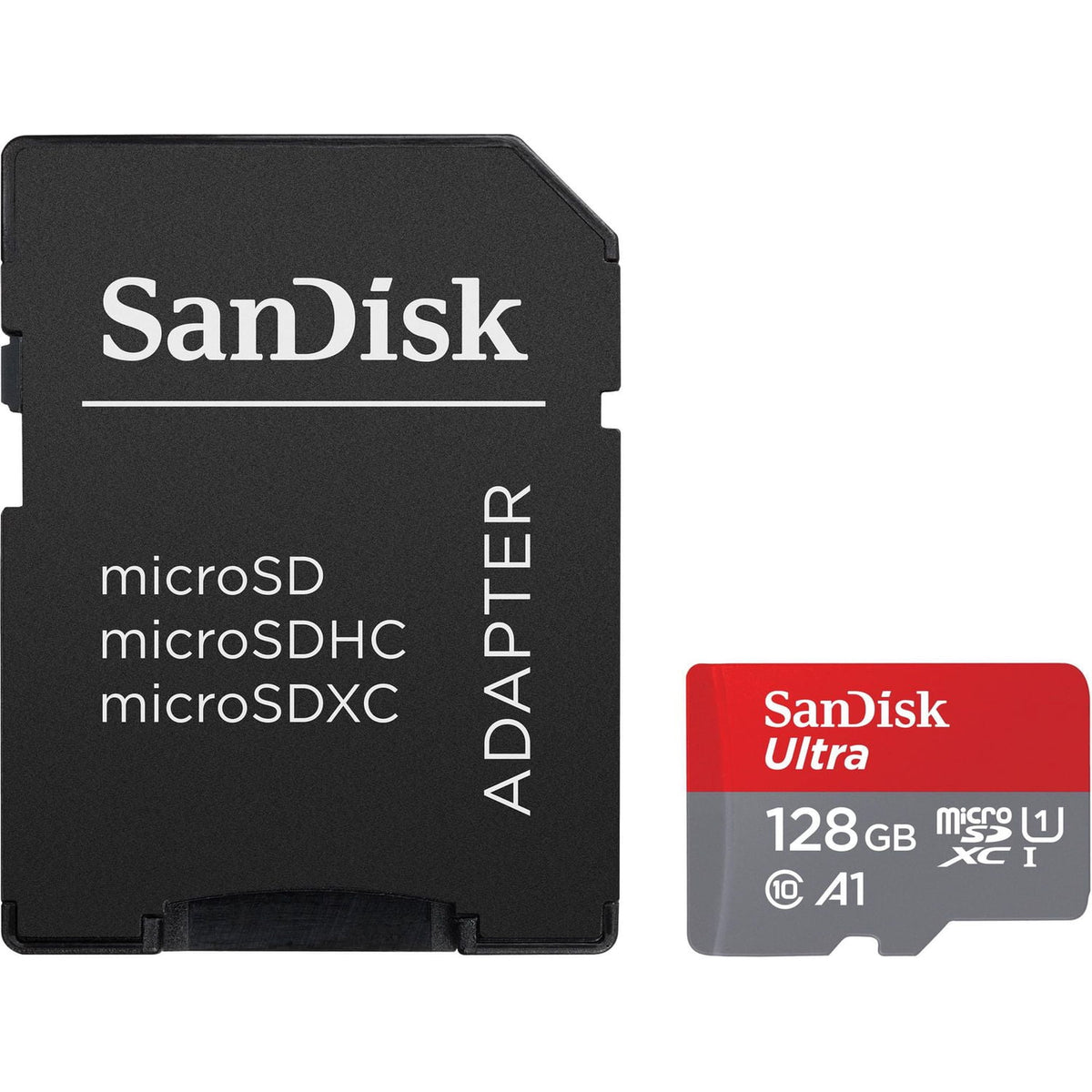 SanDisk microSD card with adapter on a white background