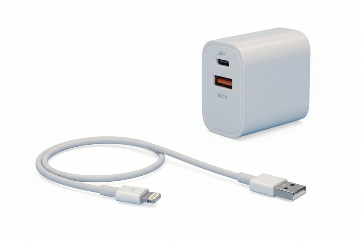 A compact white USB-C wall charger with two ports, one USB-C and one USB-A, on a plain white background.