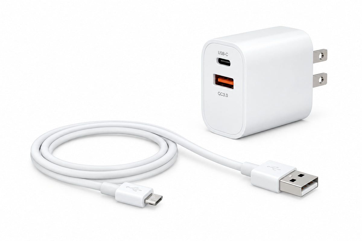 A compact white USB-C wall charger with two ports, one USB-C and one USB-A, on a plain white background.