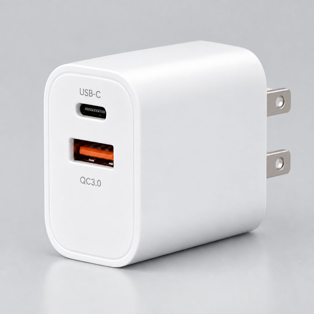 A compact white USB-C wall charger with two ports, one USB-C and one USB-A, on a plain white background.