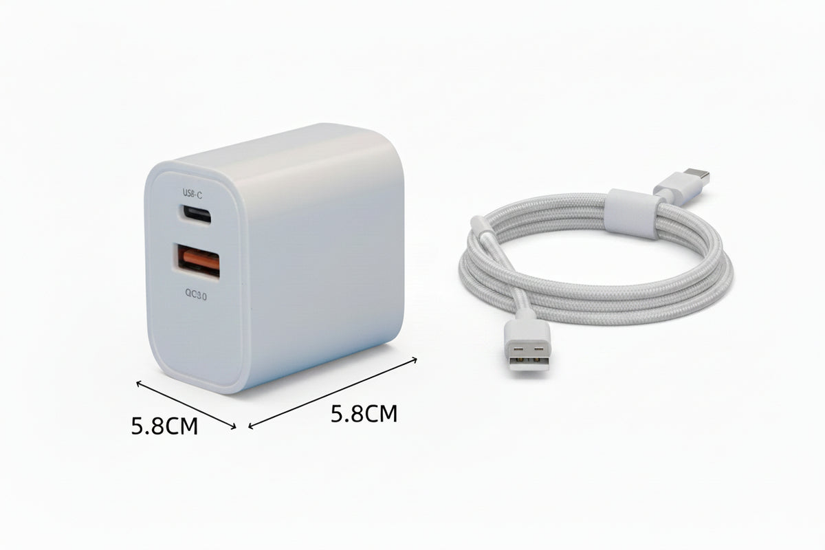 A white USB-C wall charger with a USB-A port, shown with dimension lines indicating 4.3CM height and 5.