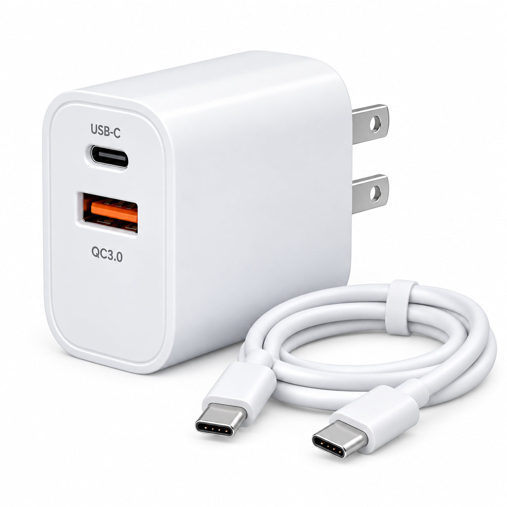 A compact white USB-C wall charger with two ports, one USB-C and one USB-A, on a plain white background.