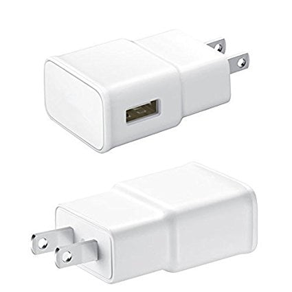 Two white USB wall chargers with two-prong plugs, shown from different angles on a plain white background.