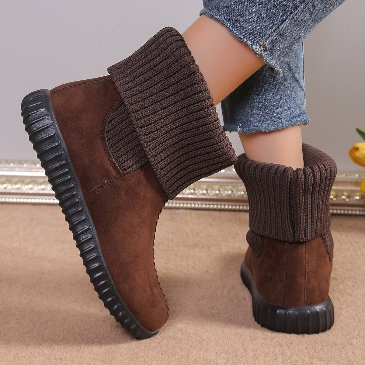 Women's Flat Ankle Boots with Knitted Detail