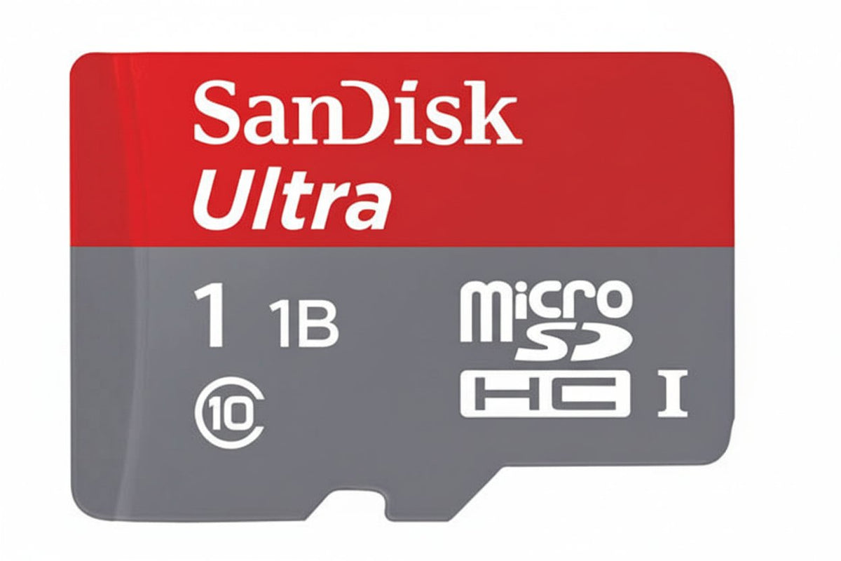 A SanDisk Ultra 8GB microSDHC (Class 10) memory card shown on a plain white background. The card features a red top section with white SanDisk Ultra branding, and a gray bottom section with white text indicating 8GB, microSDHC, and Class 10.