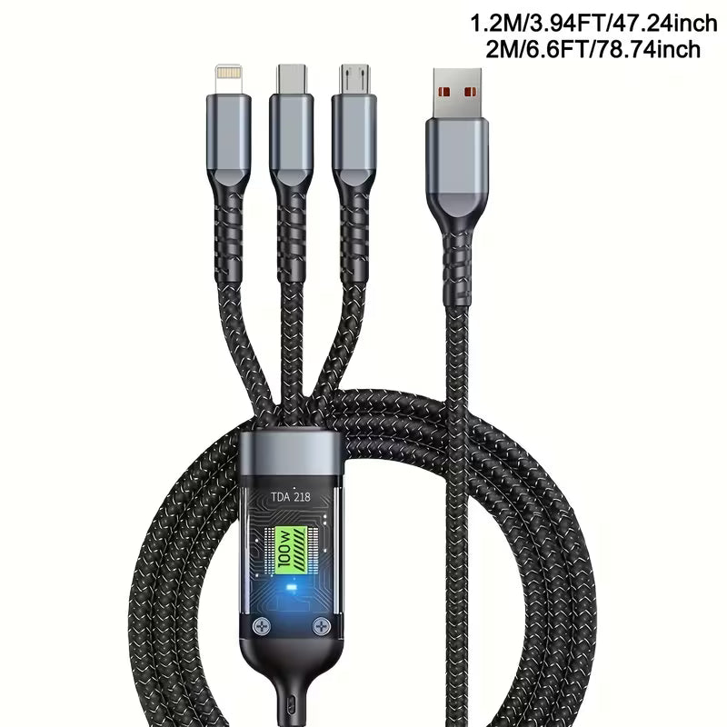 A 3-in-1 braided USB charging cable with a built-in electronic length display, shown on a plain white background with text indicating its length options.