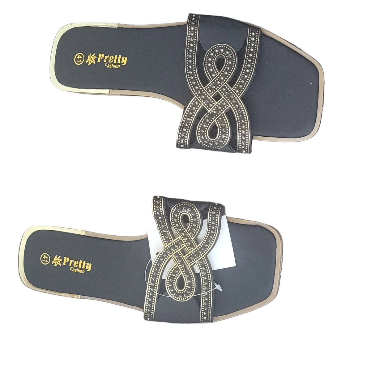 A pair of black slide sandals with gold trim and metallic braided straps, displayed on a dark wooden floor. The brand name 'Frozzi' is visible in gold on the heel bed of each sandal.