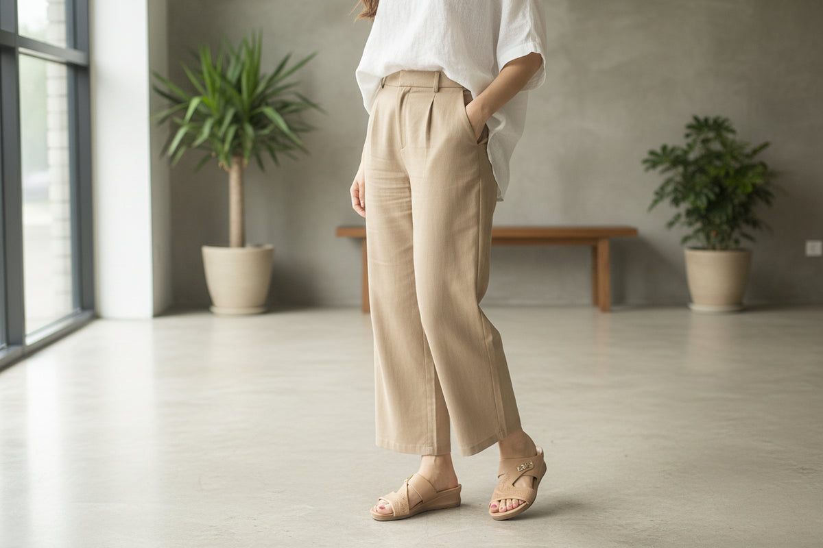 A pair of beige double-strap slide sandals with small silver chain accents, shown from above on a dark wood floor.