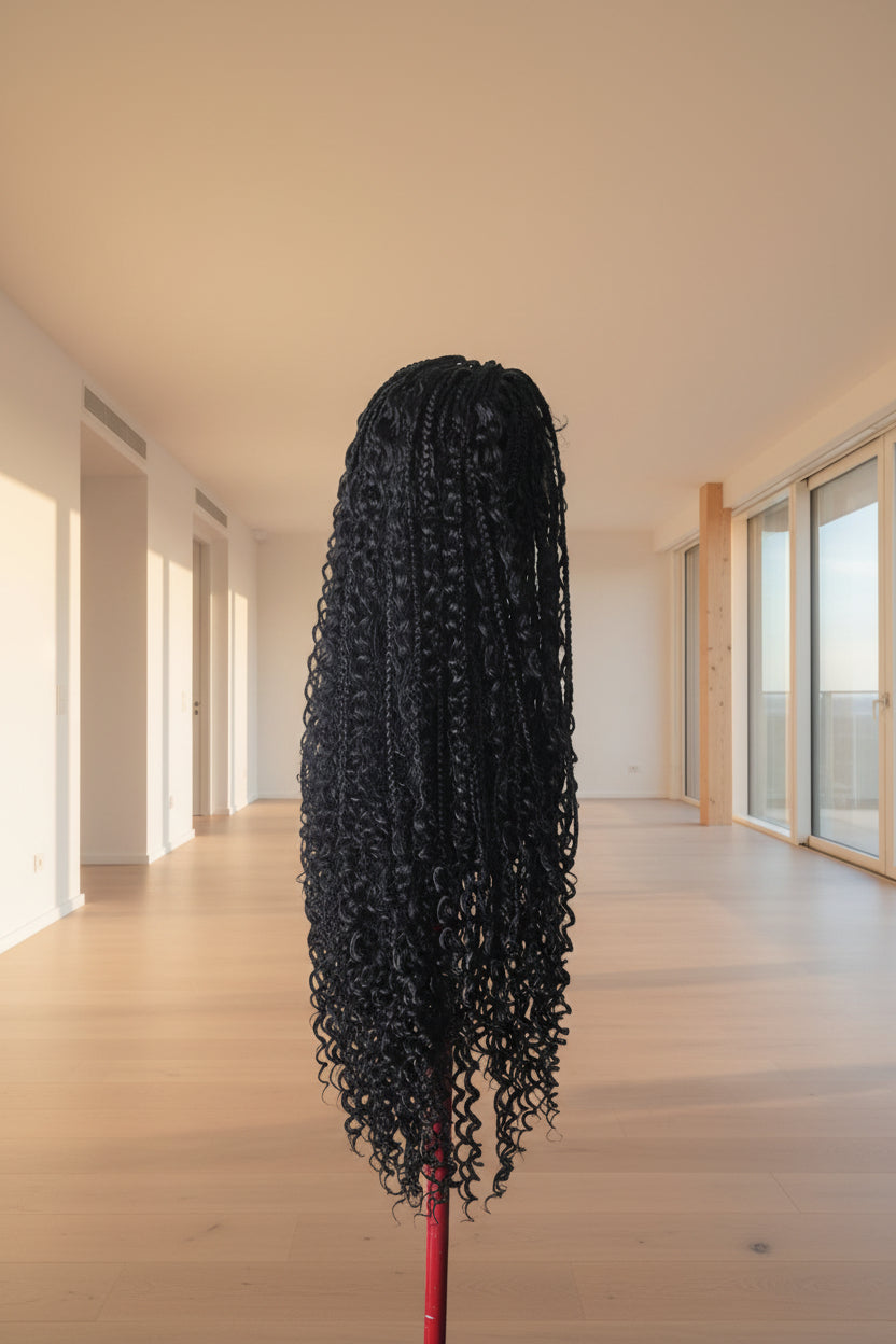 Long black curly wig displayed on a red stand against a white textured wall, with a dark wooden floor and cardboard box visible at the bottom.