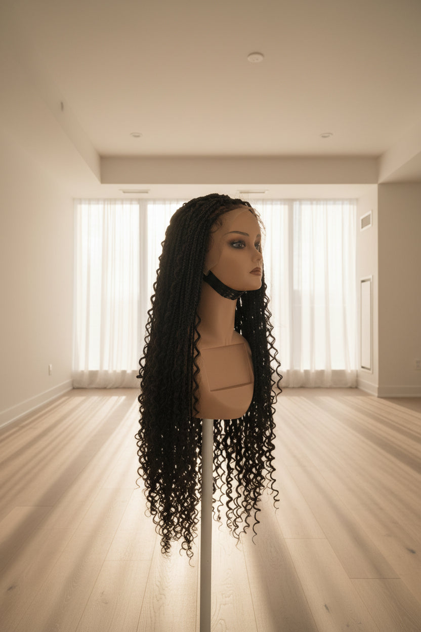 Long black curly wig displayed on a mannequin head stand in an indoor room with dark wood flooring, white walls, and a window with sheer curtains.