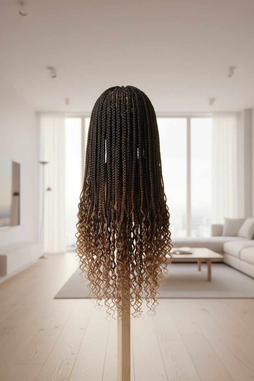 A long, dark curly wig with lighter brown ombre ends displayed on a wooden mannequin head against a light patterned wall.
