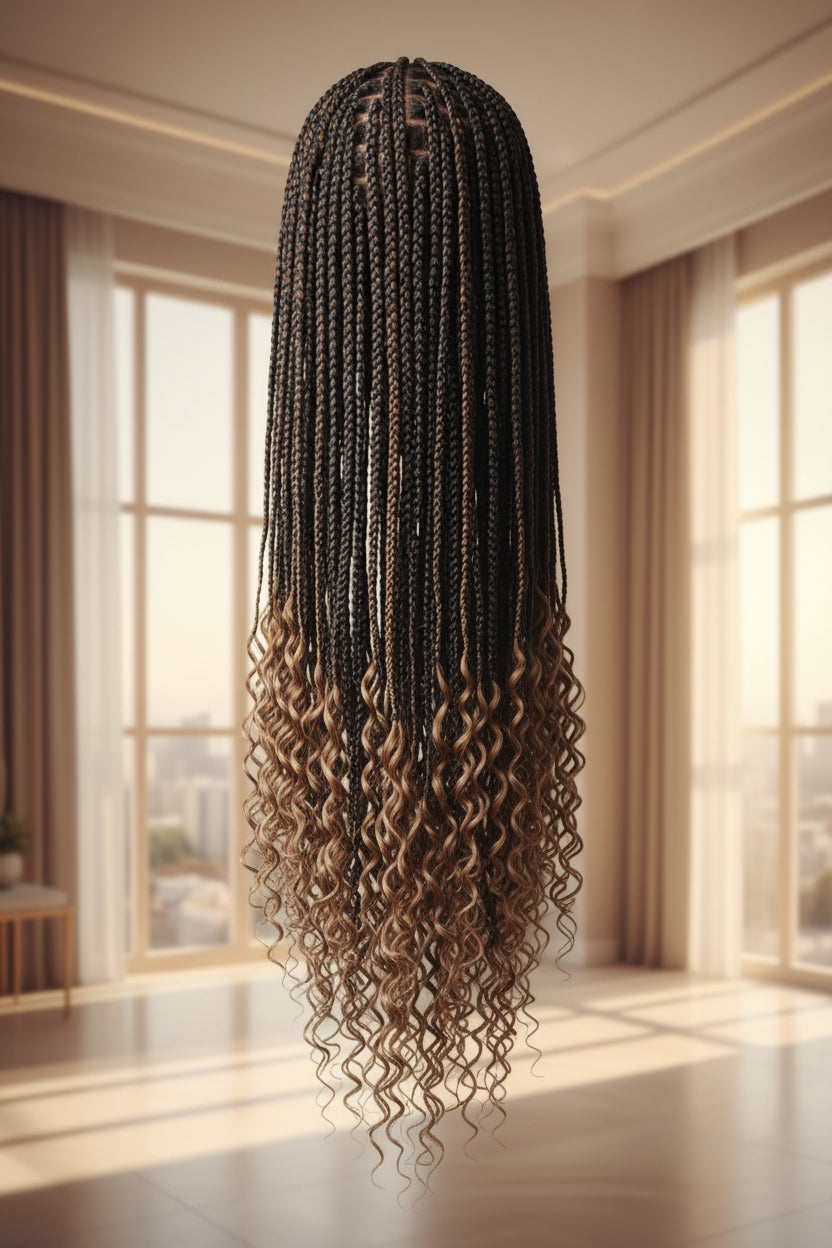 Long black crochet braids with warm brown ombre ends, displayed on a mannequin head against a white patterned tiled wall.