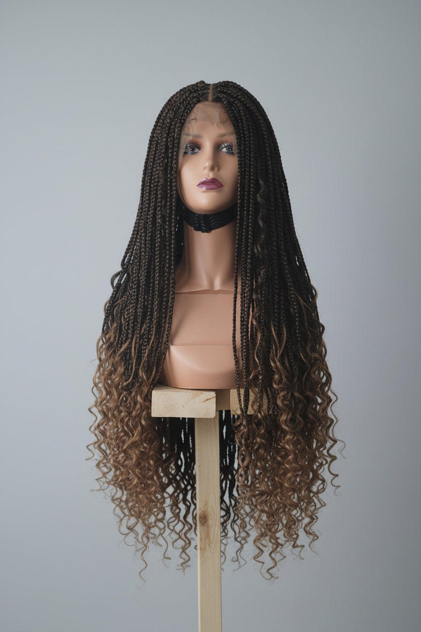 Long, dark brown to black curly wig displayed on a mannequin head and stand against a light patterned wall.