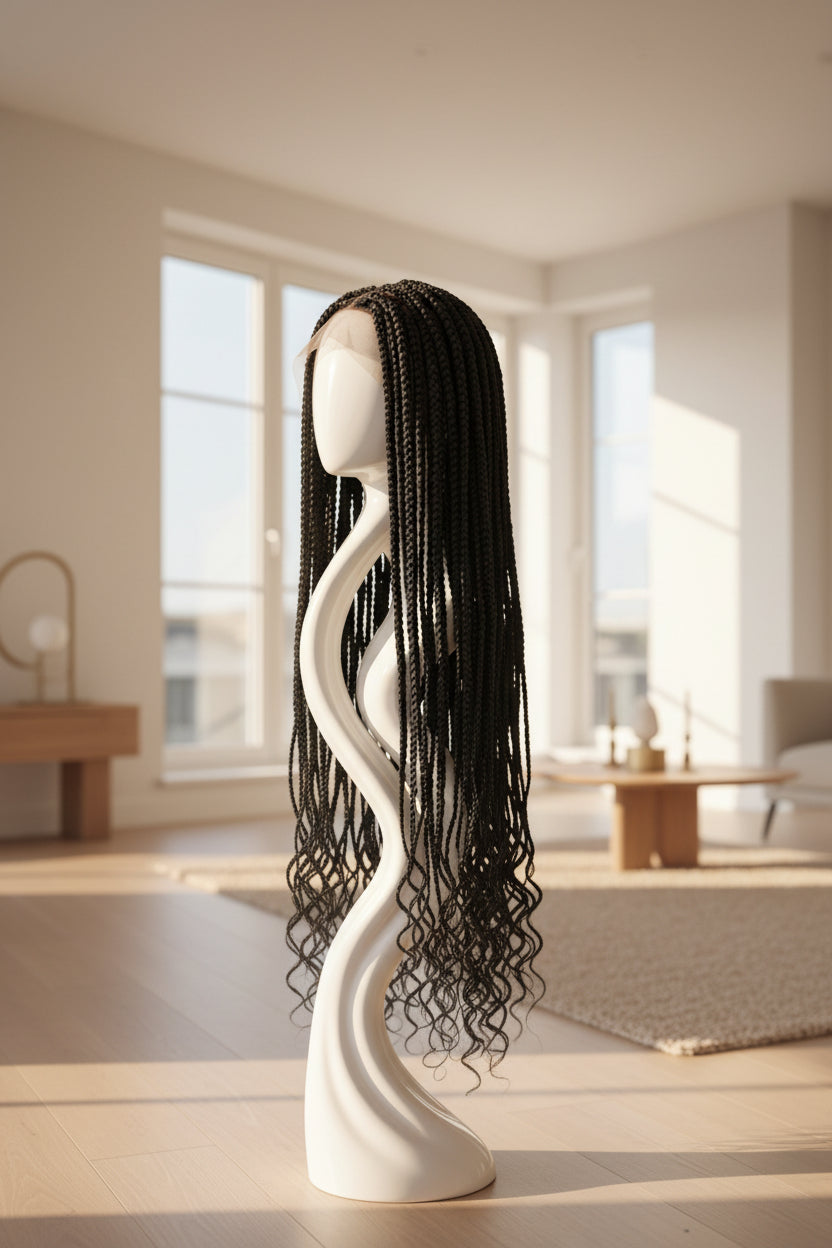 Long black dreadlock braids or box braids displayed on a mannequin head stand against a white textured wall.