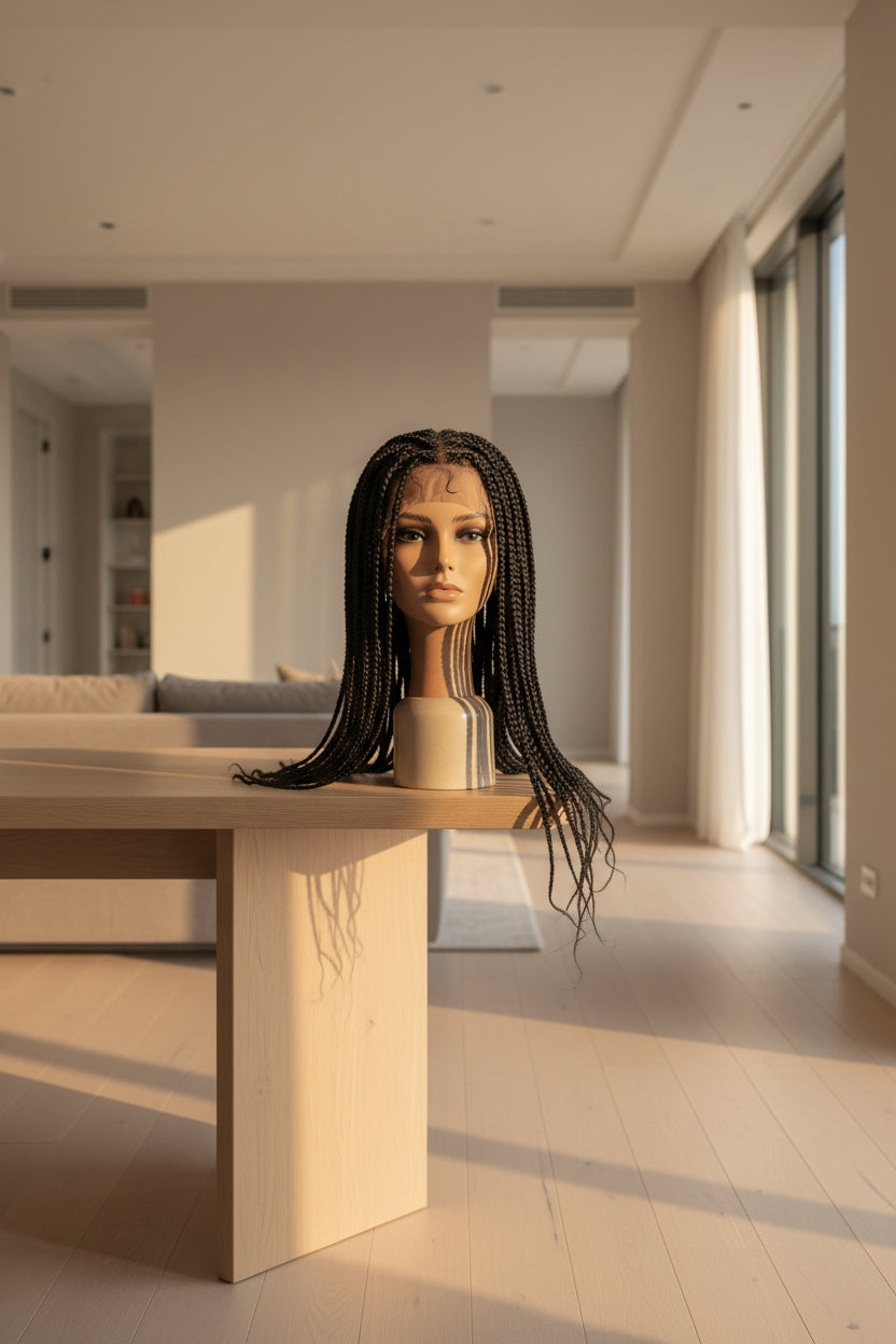A close-up view of a person wearing black dreadlock braids, looking down in a home setting with curtains and a sofa visible in the background.