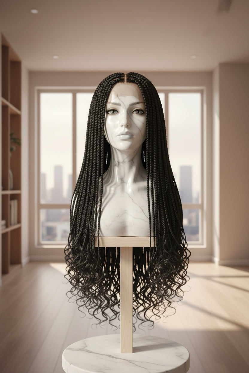 A long black wavy wig displayed on a mannequin head and stand against a light patterned wall.