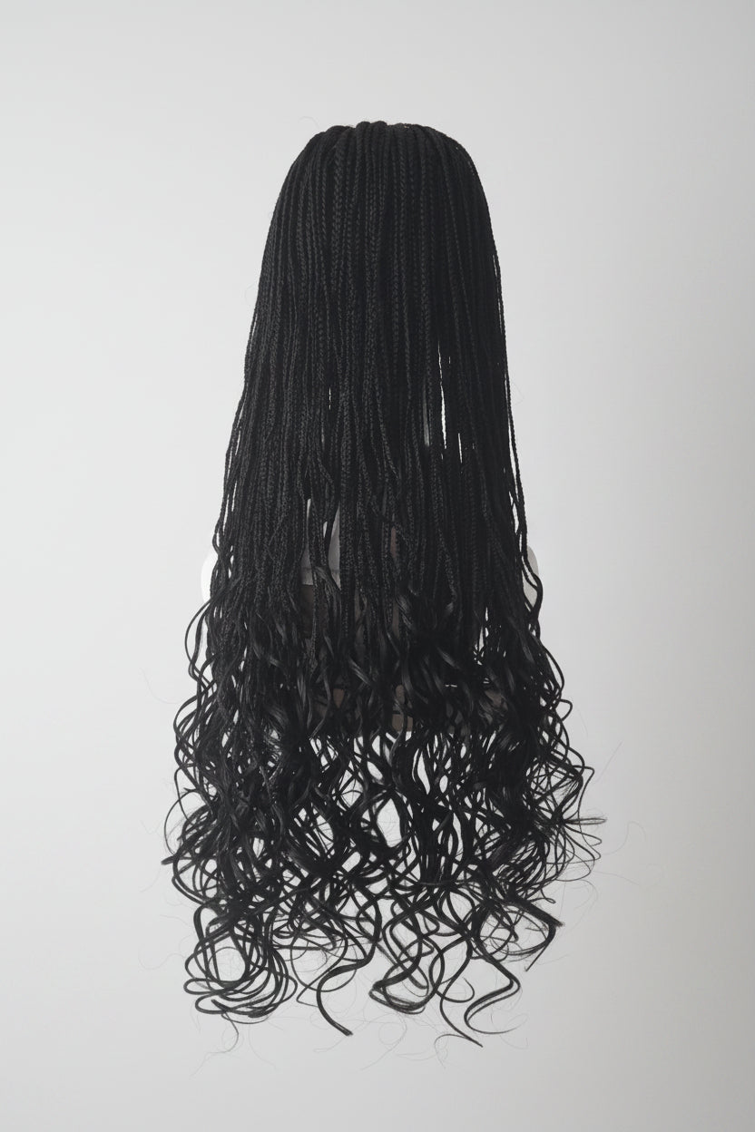 Long black wavy wig displayed on a stand against a light gray patterned wall.
