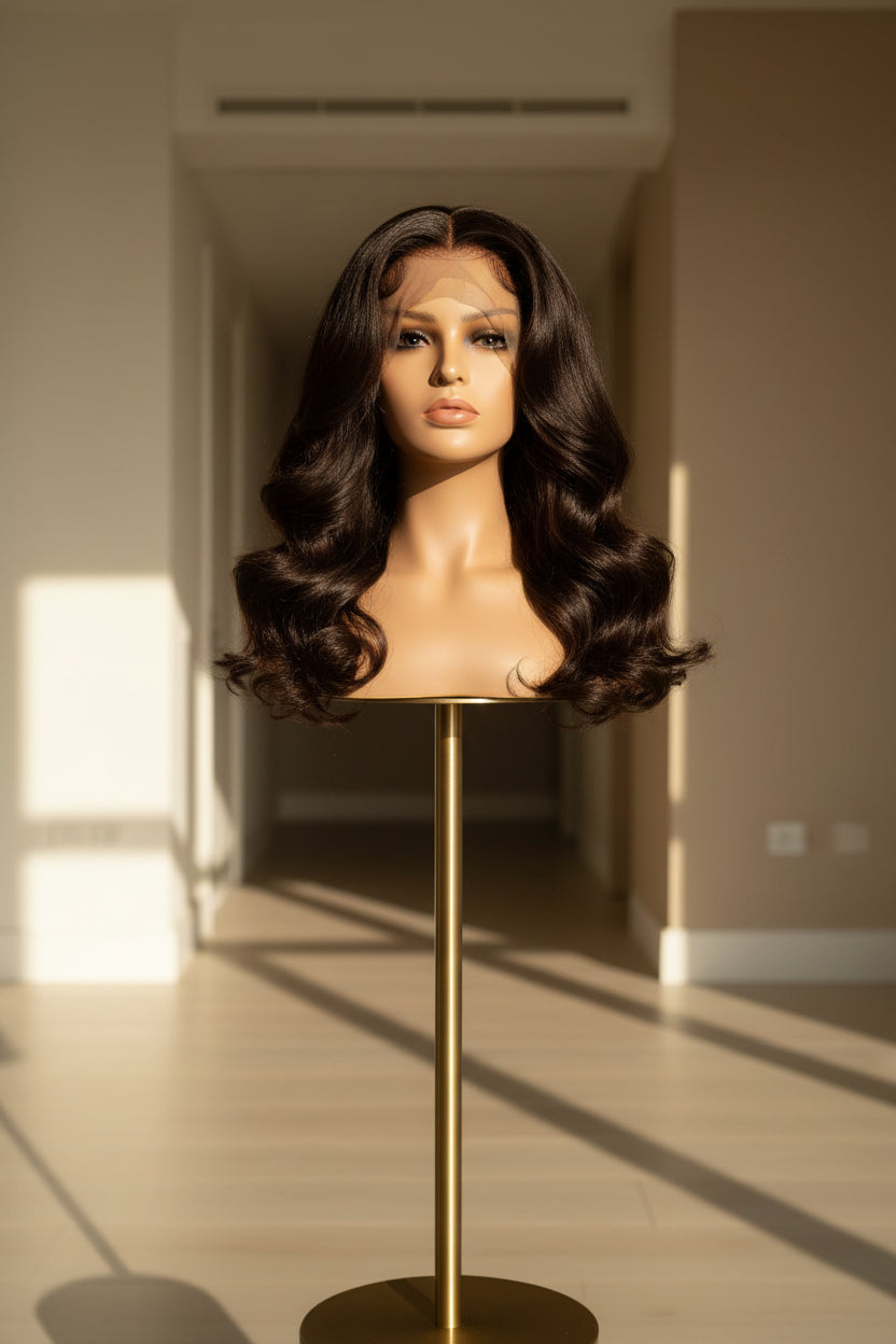 A shoulder-length wavy wig with dark brown color and subtle highlights, displayed on a mannequin head stand against a white textured wall.