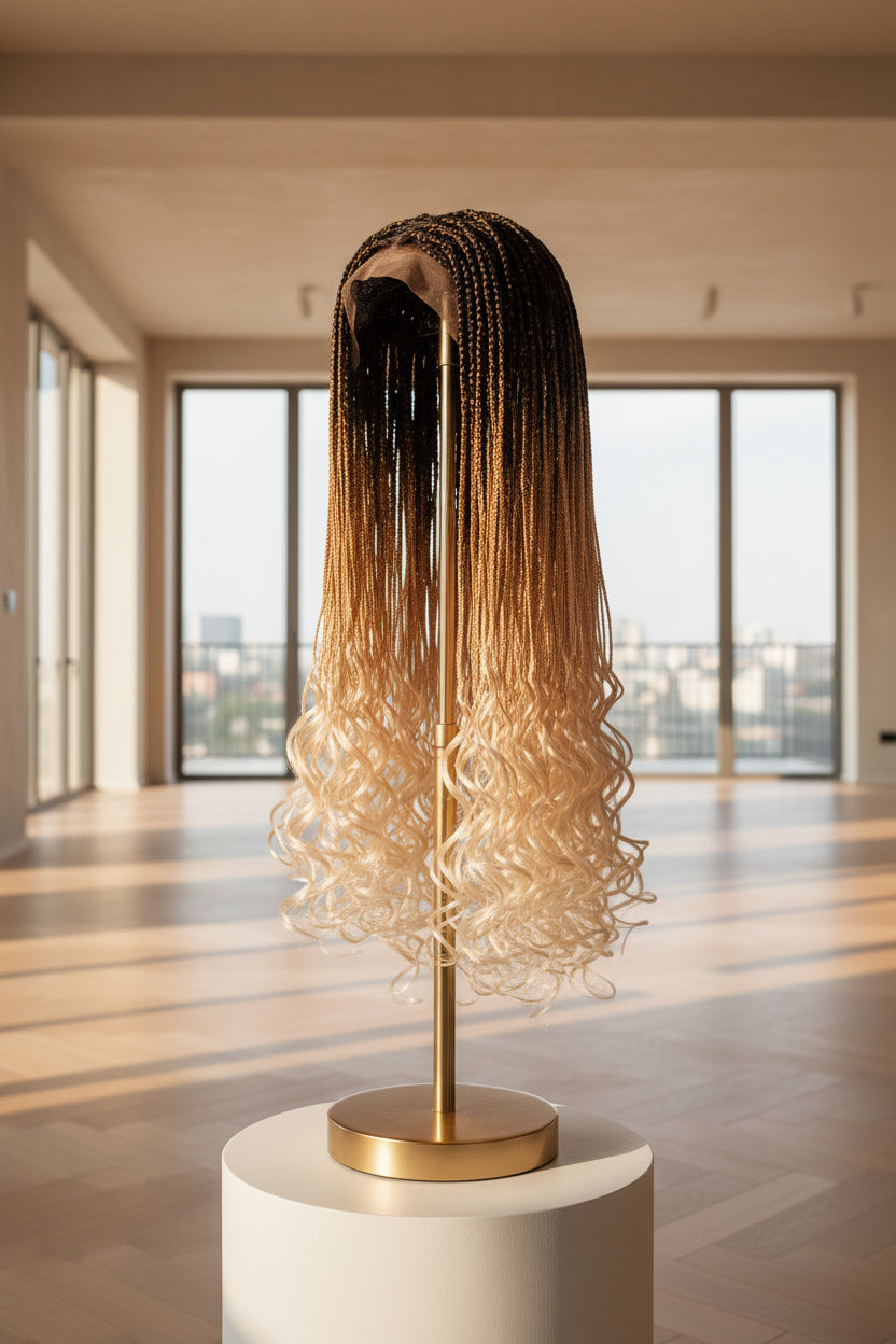 A long braided wig with an ombré color transition from dark brown at the top to blonde at the ends, displayed on a mannequin head against a white patterned wall.
