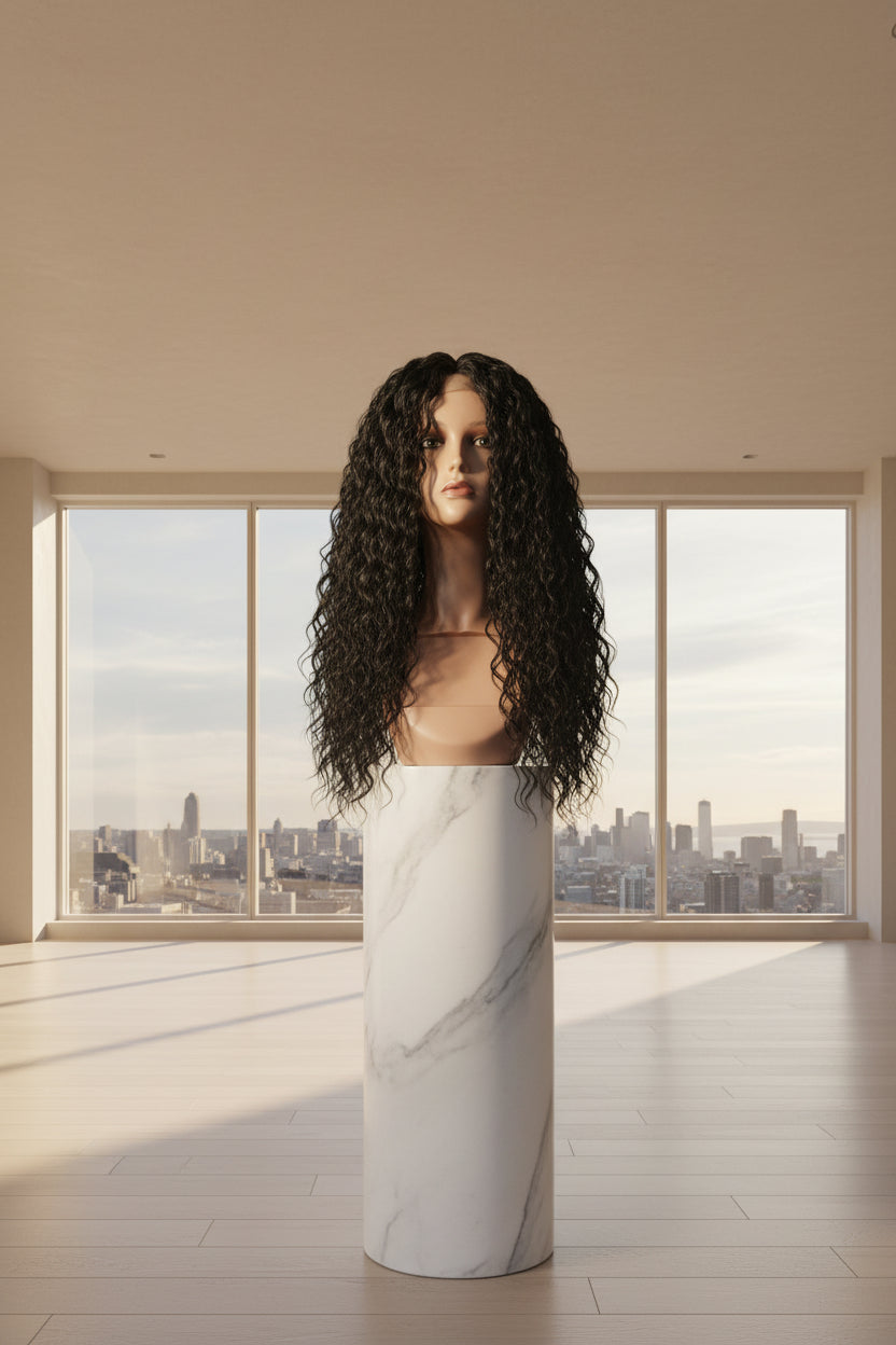 A long, dark curly wig displayed on a mannequin head and stand against a light patterned wall.