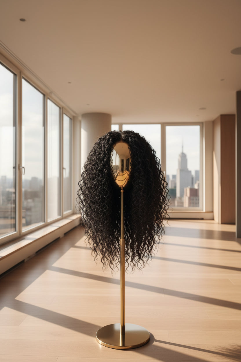 A long, black, curly wig displayed on a mannequin head mounted on a wooden stand against a white patterned wall.