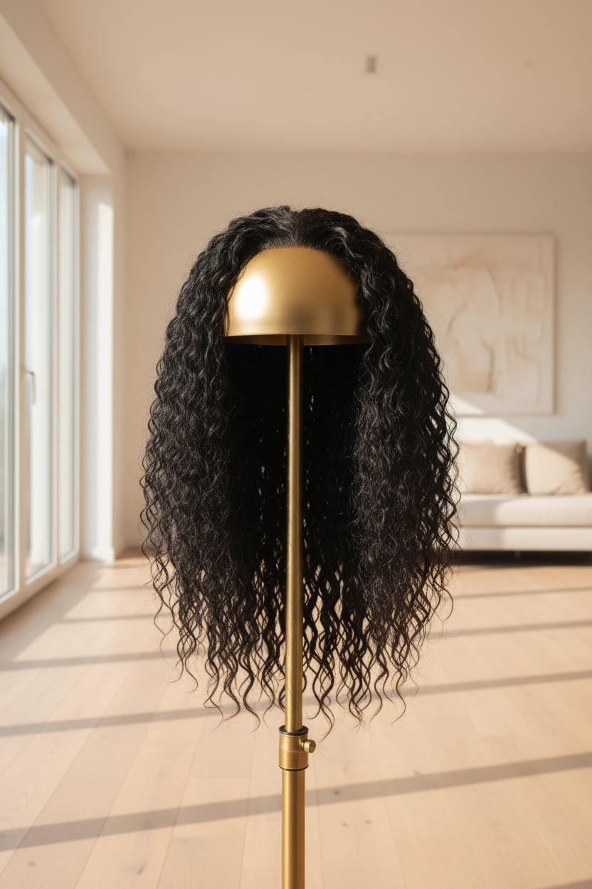 A black curly wig displayed on a wooden stand against a white textured wall.