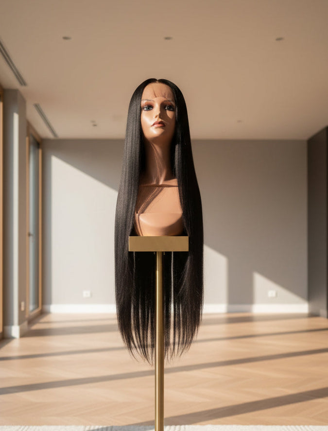 A long, straight black wig displayed on a mannequin head mounted on a wooden stand against a light patterned wall.