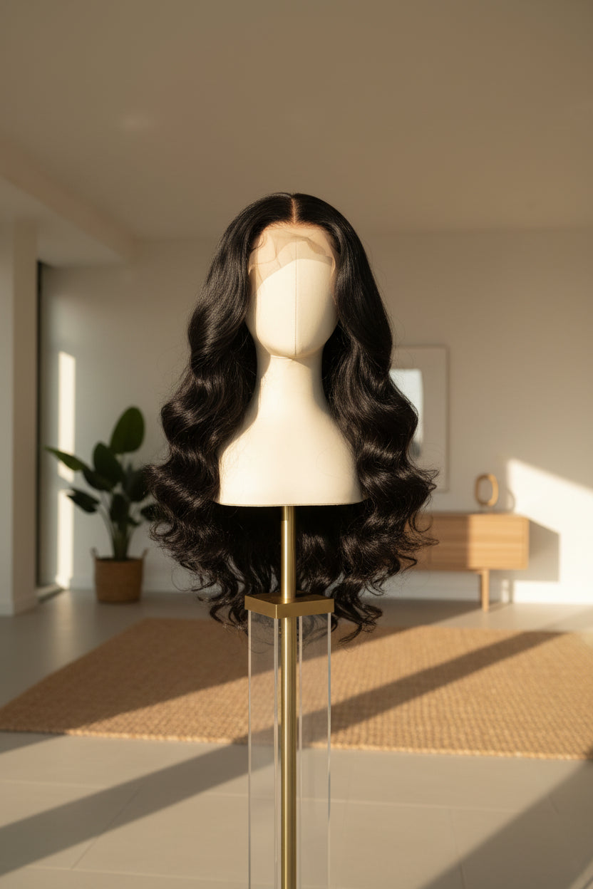 Black wavy lace front wig displayed on a mannequin head and stand against a white textured wall.