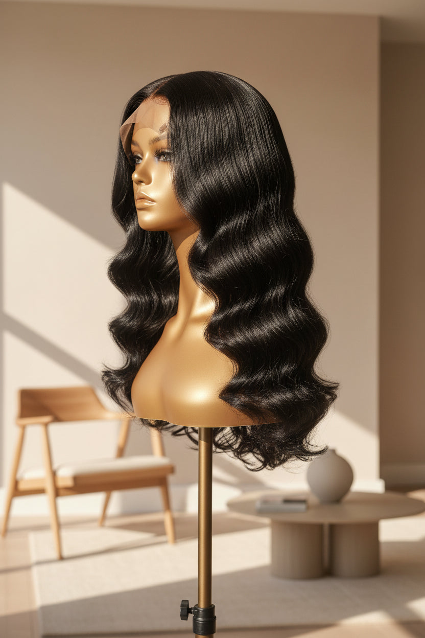 Black wavy wig with loose curls displayed on a mannequin head stand against a light patterned wall.