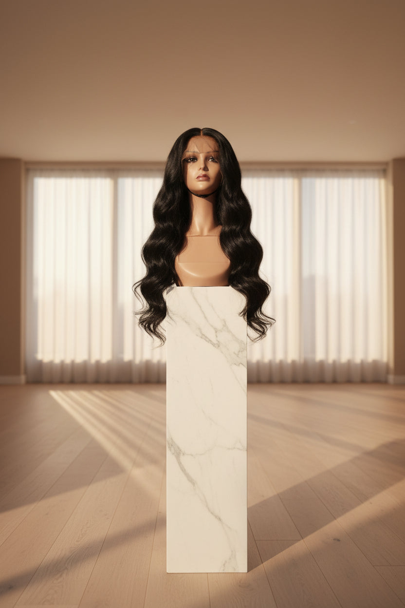 A long, wavy black wig displayed on a mannequin head mounted on a wooden stand against a light patterned wall.