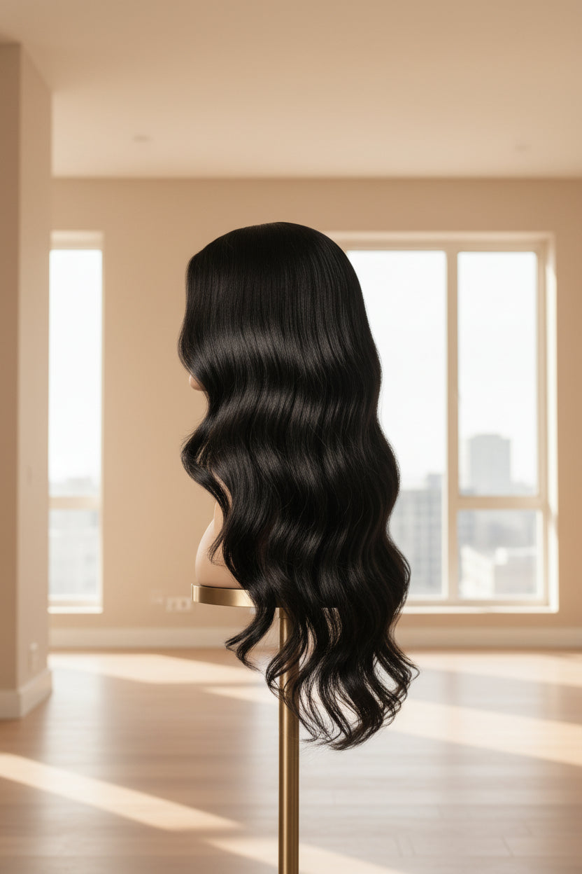 Long, wavy black wig displayed on a mannequin head stand against a light patterned wall.