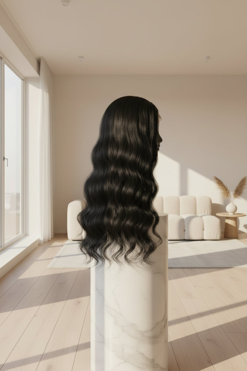 Long black wavy wig displayed on a mannequin head stand against a light gray patterned wall.