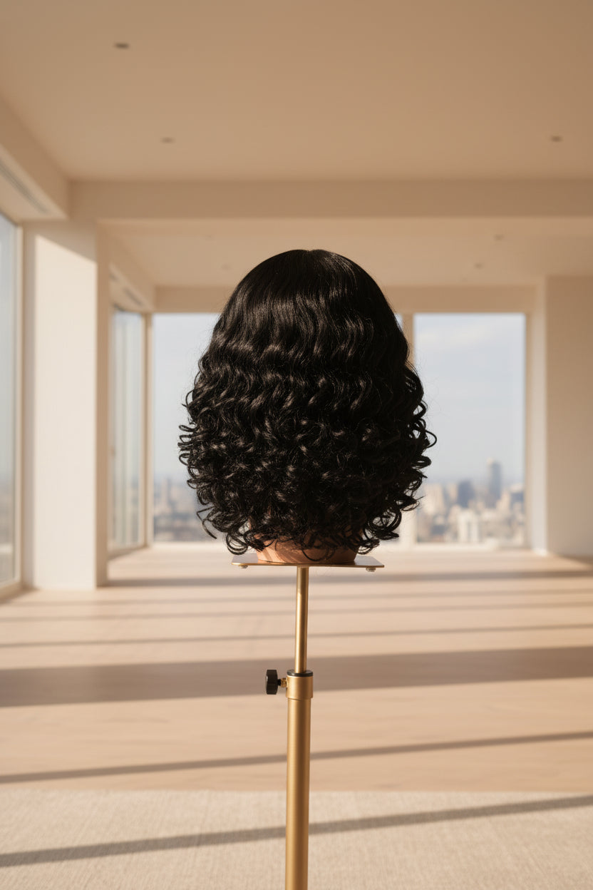 Black curly wig displayed on a mannequin head stand against a white textured wall.