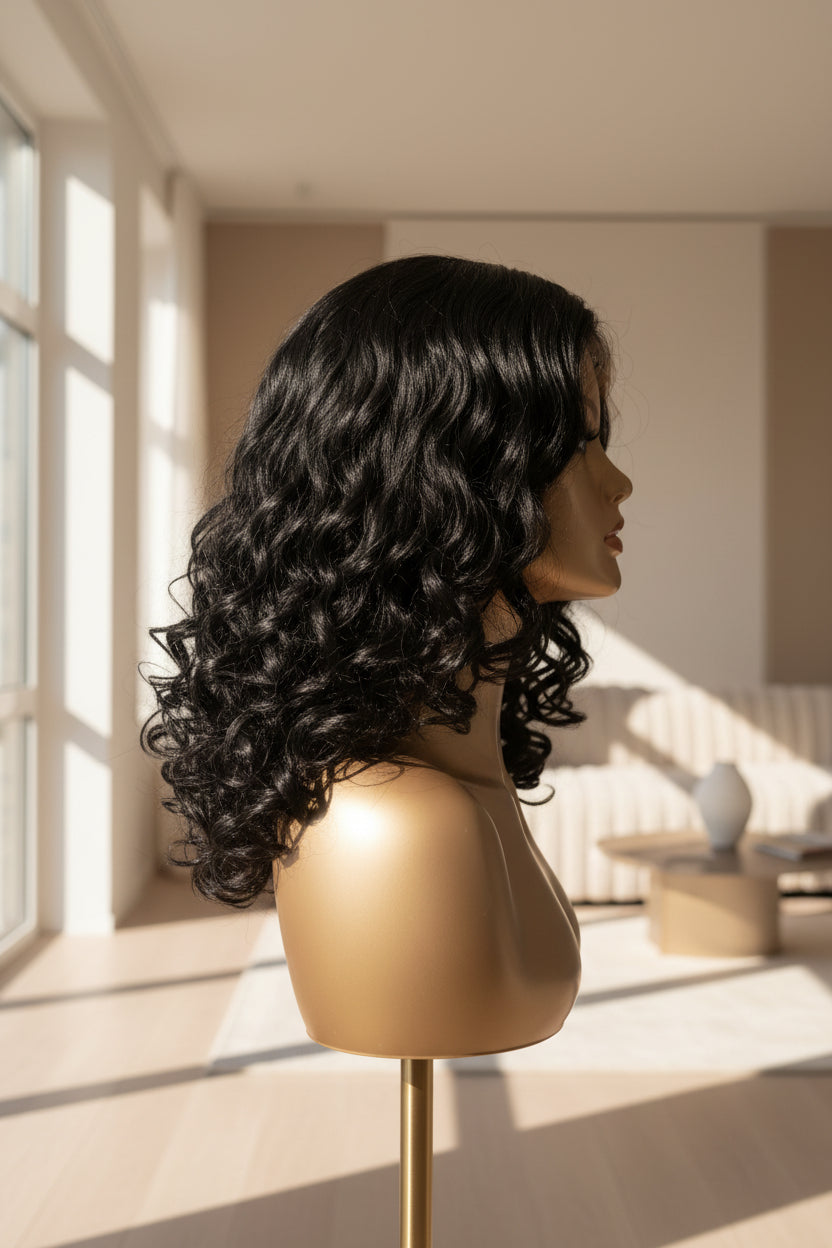 Black curly wig displayed on a mannequin head stand against a white textured wall.