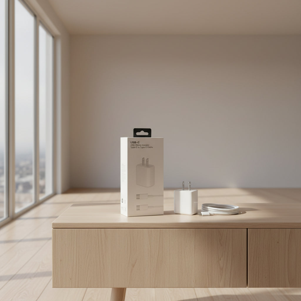 White USB-C 20W power adapter and Type-C to Type-C cable on a plain white background, with text at the top reading 'USB-C 20W Power Adapter Type-C to Type-C Cable'.