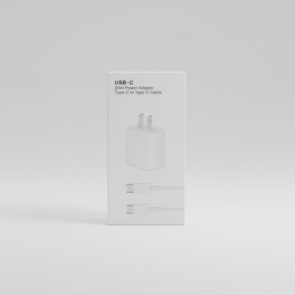 A white USB-C 20W power adapter box with a Type-C to Type-C cable illustration, placed on a gray textured fabric surface.